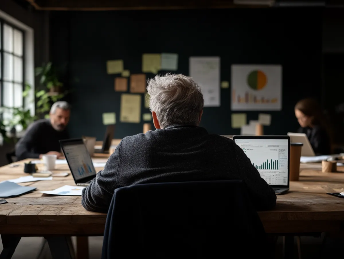 Equipe em reunião para análise de startup